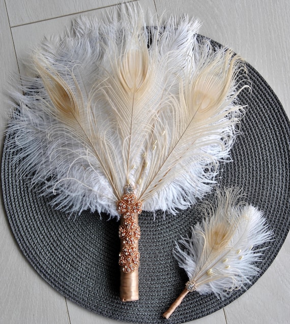 Rose Gold Bridal Alternative Ostrich Feather Fan Bridesmaid Fan Bouquet Great Gatsby 1920s Bouquet Wedding Groom Feather Boutonniere Etsy