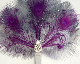 Silver Purple Bridesmaid Bridal Fan alternative Ostrich Feather Fan Bridal Bouquet Gatsby 1920s crystal Fan wedding feathers boutonniere