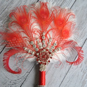 Red Bridal brooch Bouquet Ostrich Big alternative Feather Fan Bridal Bouquet Ivory Great Gatsby 1902s  wedding Roaring 20&#39;s bouquet