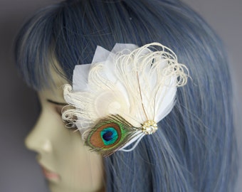 Peacock Feather Fascinator Hair Clip,  1920s Crystal head piece clip, Bridesmaid Bridal hairpiece headpiece , Prom Party Wedding fascinator