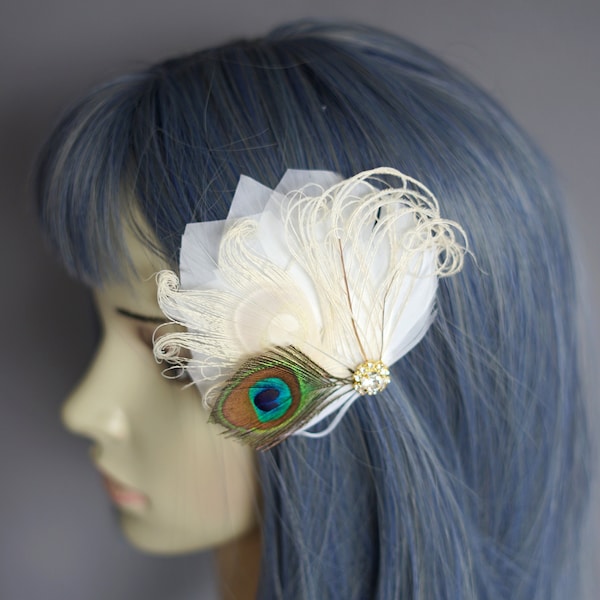 Peacock Feather Fascinator Hair Clip,  1920s Crystal head piece clip, Bridesmaid Bridal hairpiece headpiece , Prom Party Wedding fascinator