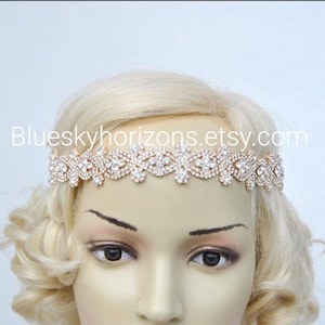 Rose Gold Bridal Rhinestone Headband Crystal Wedding Rose Gold Bridal tie on ribbon  Flapper Great Gatsby 1920s Headband Headpiece art deco