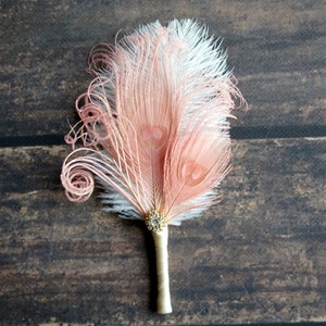 Pink Gold Groom boutonniere Ostrich Feather Bridal Ivory Great Gatsby 1920s groomsmen wedding feathers boutonniere button hole pin gift