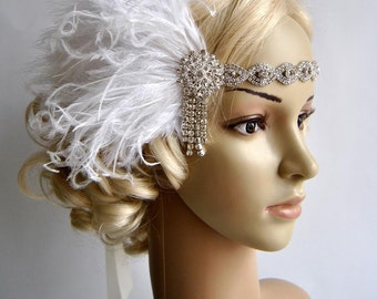 Flapper Great Gatsby Headpiece Headbnad Bridal 1920s headpiece headband, Party Wedding Flapper Crystal Feather Headpiece Headband gift