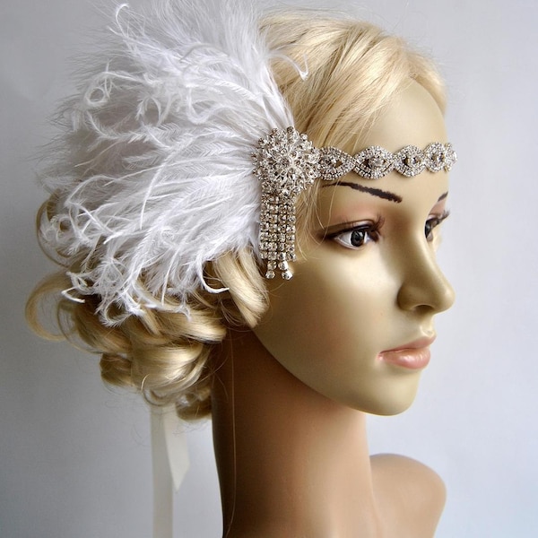 Flapper Great Gatsby Headpiece Headbnad Bridal 1920s headpiece headband, Party Wedding Flapper Crystal Feather Headpiece Headband gift
