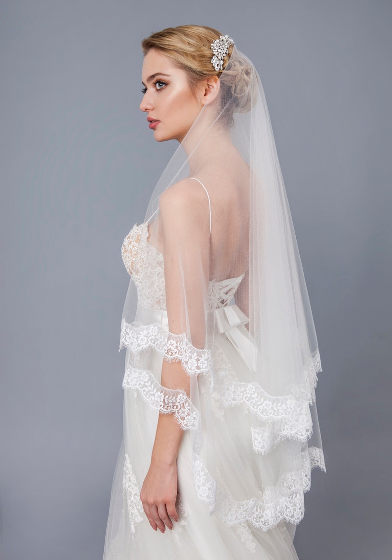 ivory Lace Wedding bridal Veil Fingertip veil Bridal Double lace veil 2 tier Bridal lace Veil Wedding lace veil white