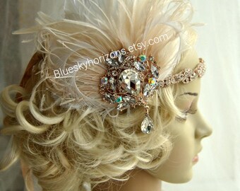 Rose Gold Glamour Rhinestone Flapper 1920s headpiece, Rhinestone Bridal wedding headband rose gold great gatsby headpiece rhinestone flapper