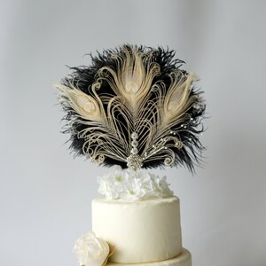 Black Ivory Feather Cake Topper Gatsby 1920s Wedding Cake Topper, Personalized Cake Topper Birthday Custom Ostrich Peacock Cake Topper