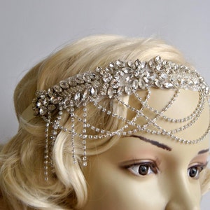 Glamour Rhinestone flapper Gatsby Headband, Chain 1920s Wedding Crystal Headband Headpiece, Bridal Headpiece, 1920s Flapper headband gift