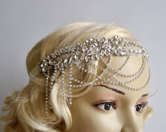 Glamour Rhinestone flapper Gatsby Headband, Chain 1920s Wedding Crystal Headband Headpiece, Bridal Headpiece, 1920s Flapper headband