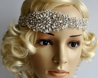 ✨ NWT Art Deco 1920’s Gatsby Flapper Crystal Rhinestone & Pearl, Gold Headband 1920s Pearl Headband – Vintage Net Veil Hair Crown, Gatsby  main image 2