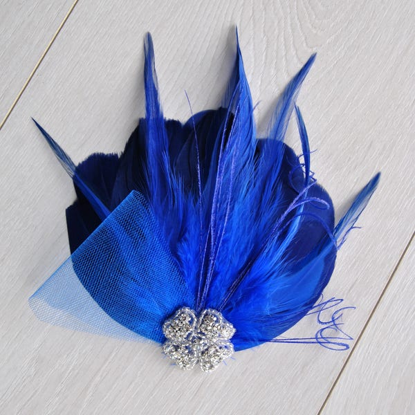 Royal Blue Feather Fascinator Hair Clip Downton Abbey 1920's flapper headpiece Great Gatsby, Feather bridal fasciantor feather hair piece