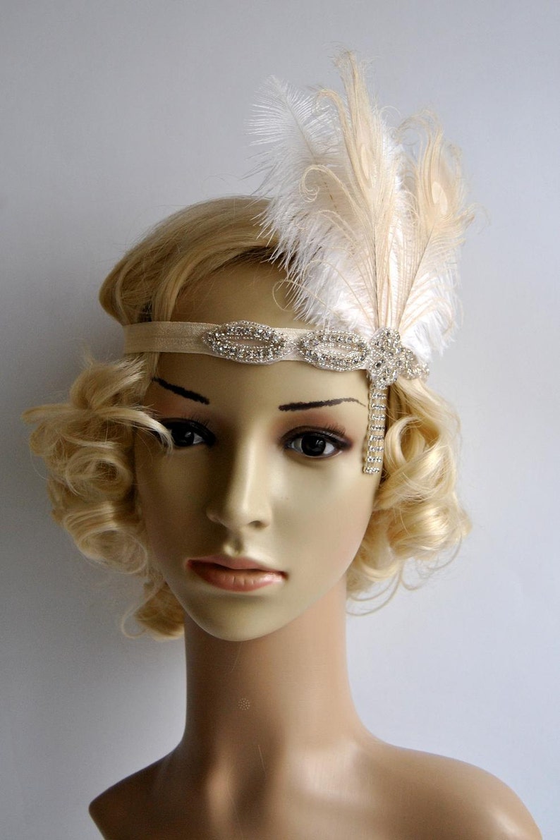 Ivory Peacock 1920s headpiece,rhinestone flapper headband Headpiece, The Great Gatsby, rhinestones headband, rhinestone feather headpiece image 2