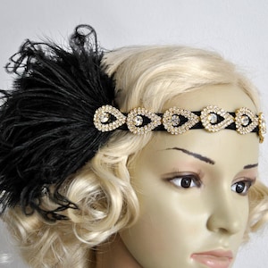 Gold Flapper Feather The Great Gatsby 1920s rhinestone Headband, Vintage Inspired,Wedding Bridal Baby Flower Art Deco headband