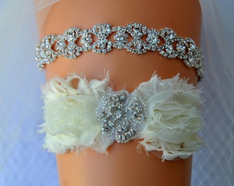 Crystal Bridal Garter Set, Wedding Garter Set Ivory, Ivory Shabby Chic Rhinestone Garter, Crystal Rhinestone Garter and Toss Garter Set