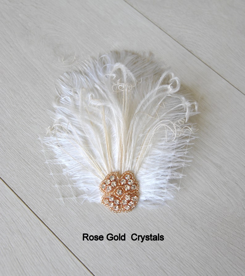 Ivory Rhinestone head piece fascinator Bridal White hairpiece headbpiece, Feather Fascinator, 1920s Headpiece ivory wedding fascinator gift image 8