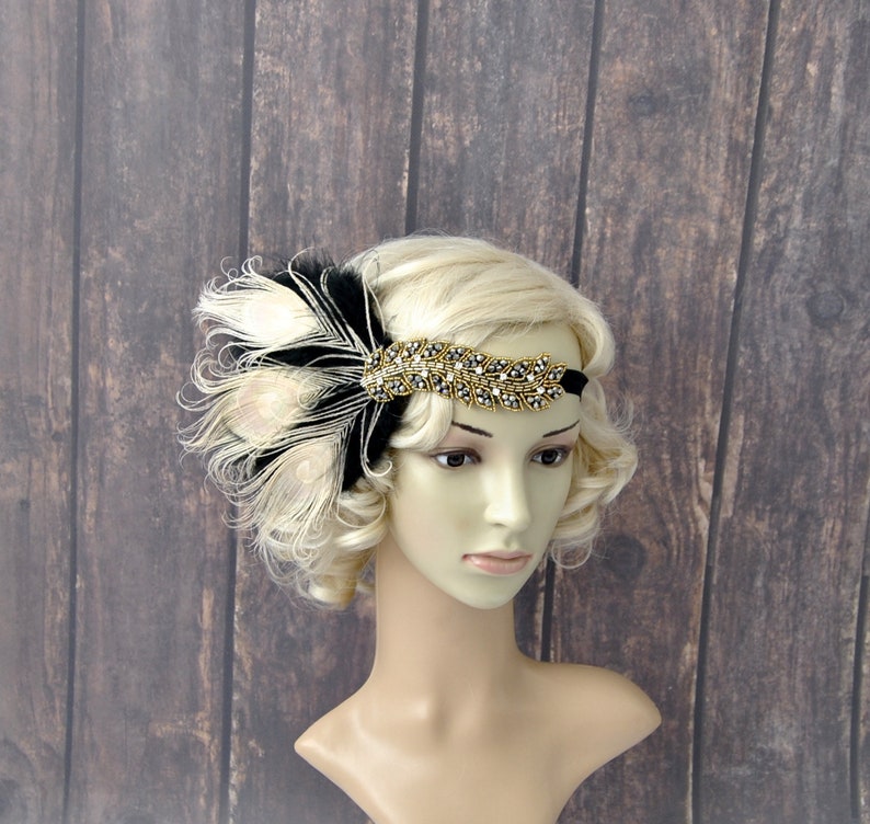 Great Gatsby headpiece Black Ivory Flapper Feather Headband 1920s rhinestone Headband, Feather bridesmaid headband headdress fascinator gift 