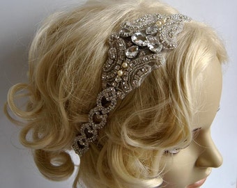 Rhinestone 1920s Headpiece,Flapper Headpiece,bridal headband piece, Rhinestone bridal beaded headpiece,The Great Gatsby Headband