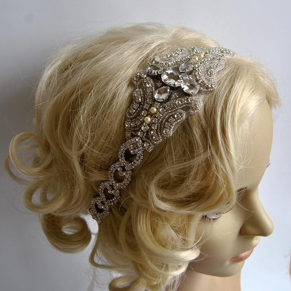 Crystal Bridal 1920s Headpiece,Flapper Headpiece,bridal headband piece, Rhinestone bridal beaded headpiece,The Great Gatsby Headband