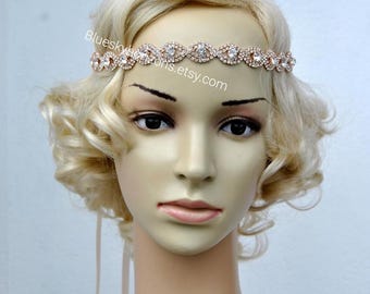 Rose Gold Rhinestone Headband Great Gatsby Headband Crystal Headband Wedding Halo Bridal tie on ribbon Headpiece 1920s Flapper headband art