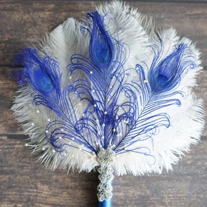 Royal Blue  Pearls Bridal Feather Fan, Ostrich Feather Fan, Bridal Bouquet Gatsby 1920s Bouquet Bridesmaid Fan gift, royal blue boutonniere