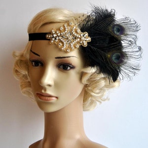Black gold Flapper Feather Great Gatsby headpiece 1920s Flapper rhinestone Headband, Vintage Inspired Art Deco headband