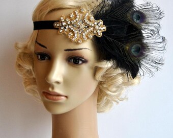Black gold Flapper Feather Great Gatsby headpiece 1920s Flapper rhinestone Headband, Vintage Inspired Art Deco headband