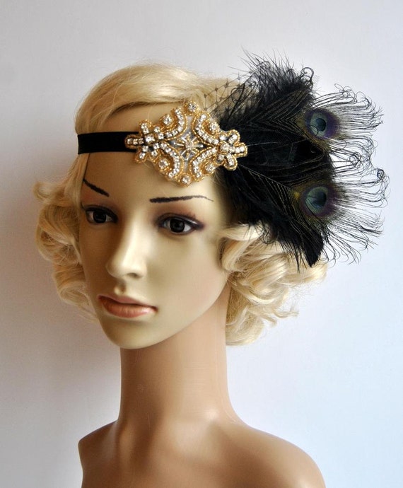 Black Gold Flapper Feather Great Gatsby Headpiece 1920s - Etsy