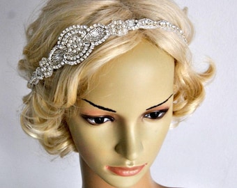 Long Bridal Headband Crystal Pearls Rhinestone Wedding Headband Headpiece, Crystal Bridal Flapper 1920s Great Gatsby Headband Hairpiece gift