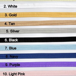 May include: Ten different colors of elastic, labeled with numbers 1 through 10. The colors are ivory, white, gold, tan, silver, black, blue, navy, purple, and light pink.