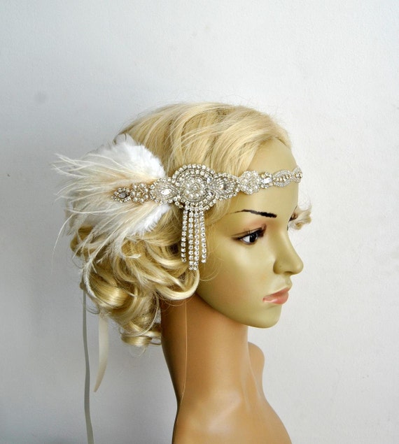 Green & Ivory Cream Pearl Feather Turban Headpiece Flapper 1920s Gatsby Hair 472 