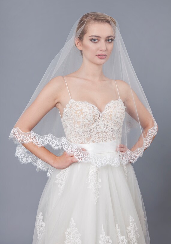 Bridal Double Lace Veil Wedding Lace Veil 2 Tier Bridal Lace Etsy