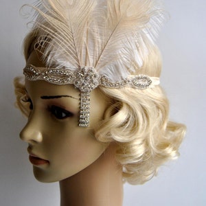 Ivory Peacock 1920s headpiece,rhinestone flapper headband Headpiece, The Great Gatsby, rhinestones headband, rhinestone feather headpiece image 4