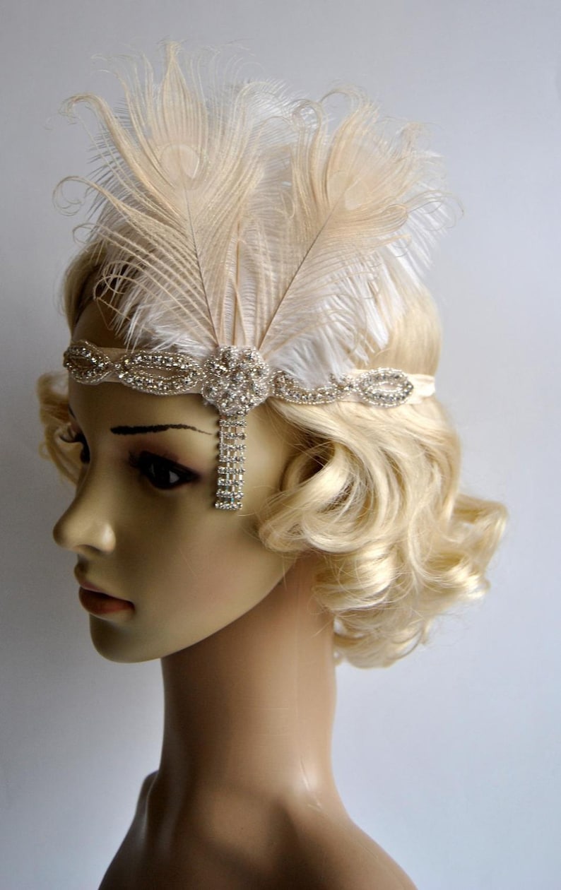 Ivory Peacock 1920s headpiece,rhinestone flapper headband Headpiece, The Great Gatsby, rhinestones headband, rhinestone feather headpiece image 4