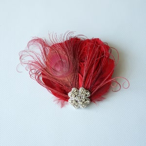Red Feather Fascinator Hair Clip Abbey 1920's flapper headpiece Red Gatsby christmas headband, red bridal fasciantor feather hair piece image 2