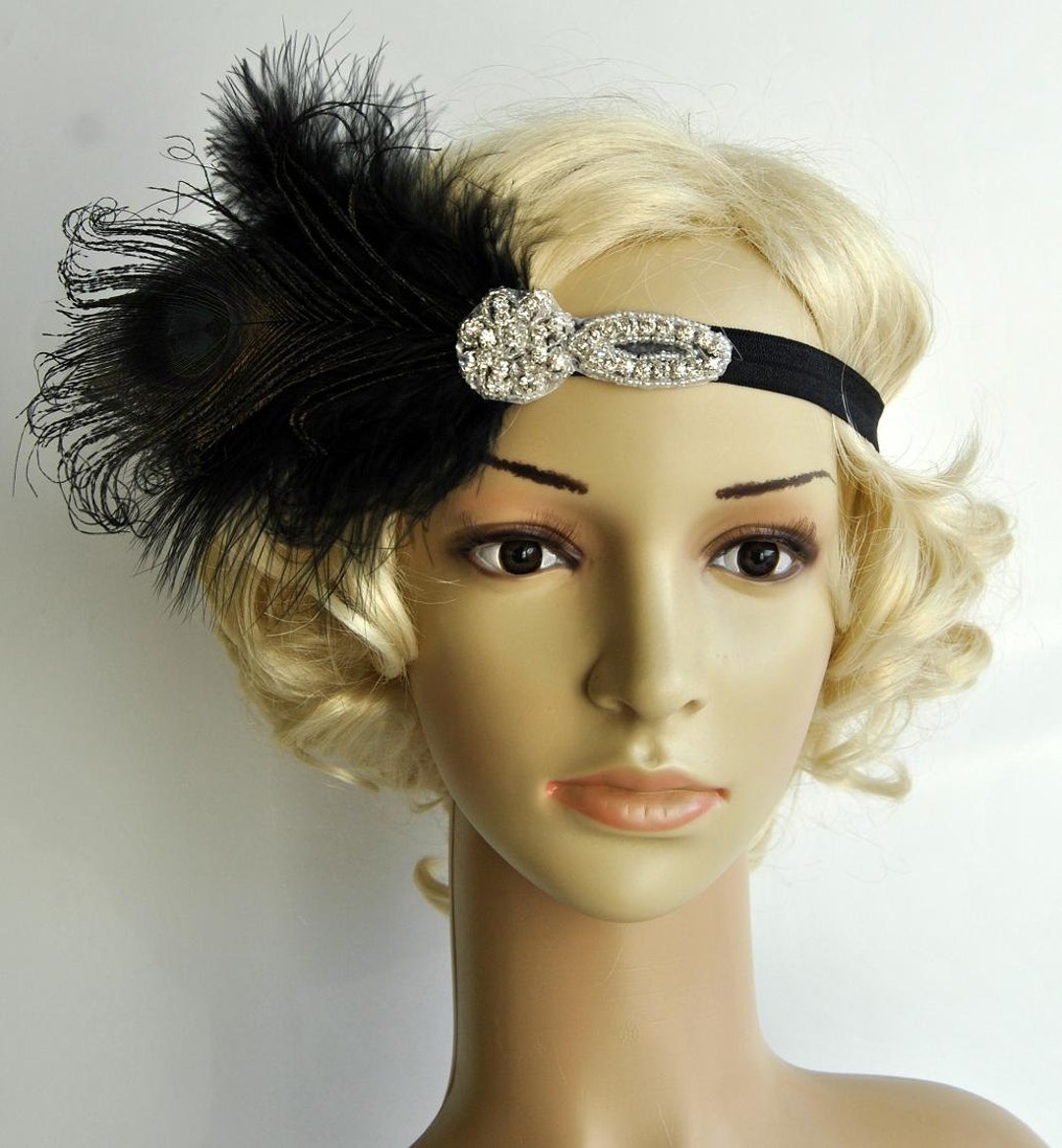 Black Crystal Flapper Gatsby Feather Headband Headpiece  display picture 1