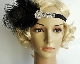 Black Crystal Flapper Gatsby Feather Headband headpiece 1920s Flapper crystal Headband Vintage Inspired Art Deco headband bridesmaid gift
