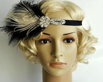Black Flapper Feather Headband,The Great Gatsby headpiece, 1920s Flapper rhinestone Headband, Vintage Inspired,Feather, Art Deco headband