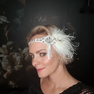 Gatsby 20's ivoor zendspoel hoofdband, parels flapper hoofdband jaren 1920 flapper zendspoel tovenaar, kristallen veer bruids hoofdband cadeau afbeelding 4