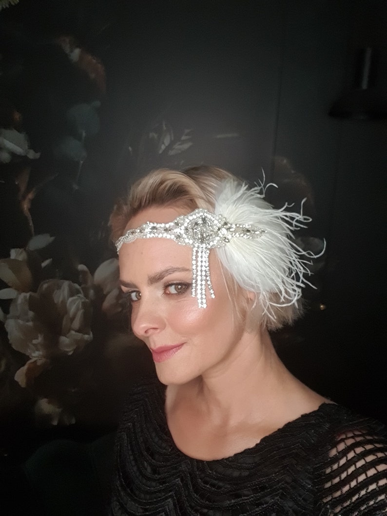 Gatsby 20's ivoor zendspoel hoofdband, parels flapper hoofdband jaren 1920 flapper zendspoel tovenaar, kristallen veer bruids hoofdband cadeau afbeelding 4