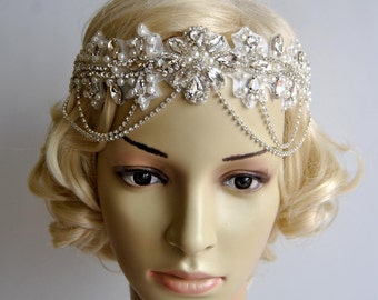 Glamour Rhinestone flapper Gatsby Headband, Chain 1920s Wedding Crystal Headband Headpiece, Bridal Headpiece, 1920s Flapper headband -ANGEL