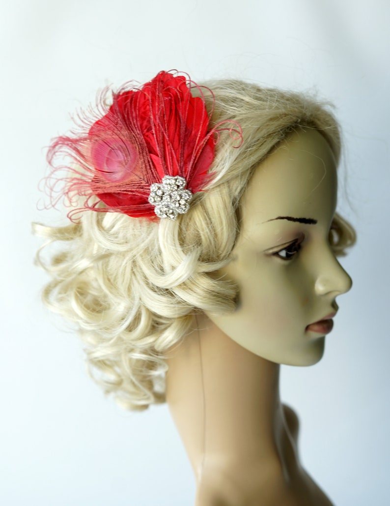 Red Feather Fascinator Hair Clip Abbey 1920's flapper headpiece Red Gatsby christmas headband, red bridal fasciantor feather hair piece image 4