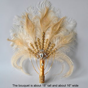 Gold Bridal brooch Bouquet Ostrich Big alternative Feather Fan Bridal Bouquet Ivory Great Gatsby 1920s art deco wedding Roaring 20's bouquet image 8