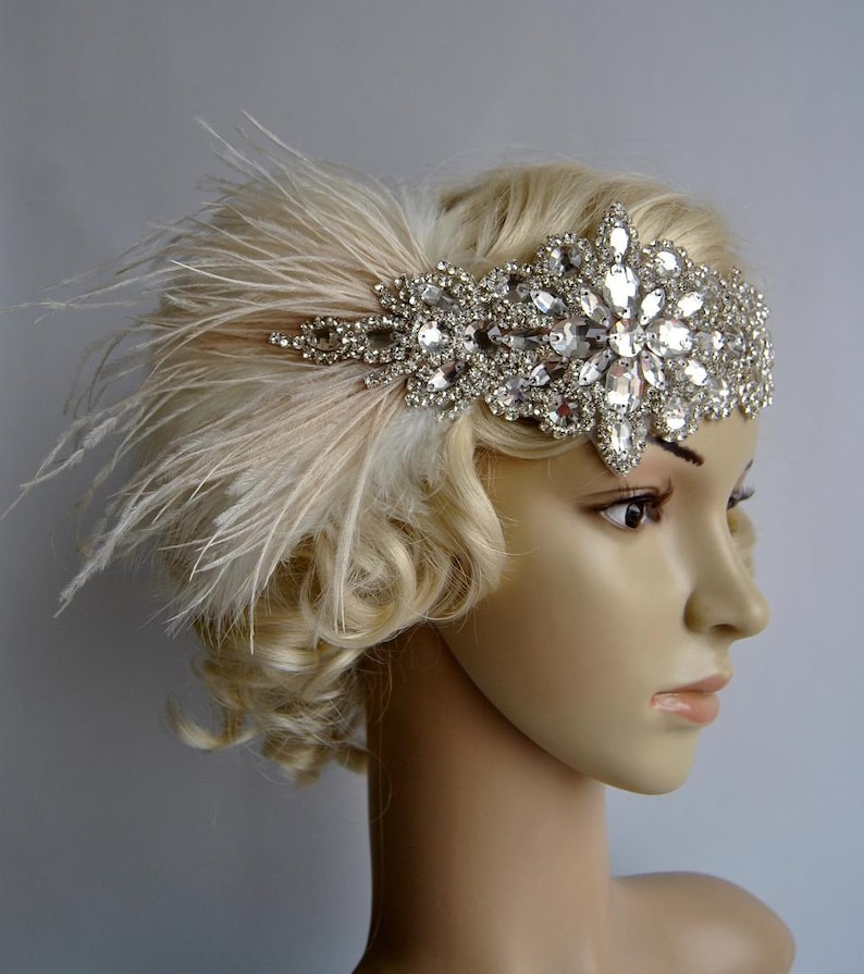 Glamour Rhinestone flapper Gatsby Crystal Headband, Wedding Headpiece, Bridal Headpiece, 1920s Flapper feathers image 2