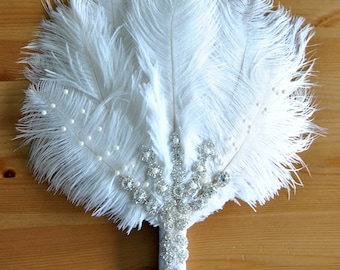 Bridal alternative Ostrich Feather Fan Bridal Bouquet Great Gatsby 1920s Bouquet chic art deco boho wedding groom feathers boutonniere