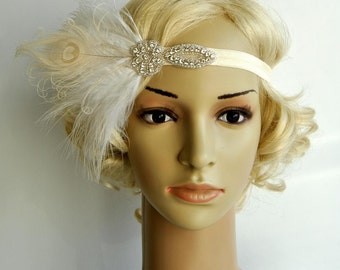 Flapper Feather Headband hoofddeksel haarstuk Great Gatsby 1920s Flapper Crystal Headband Vintage Geïnspireerd, Feather bruids hoofdband Hair Clip
