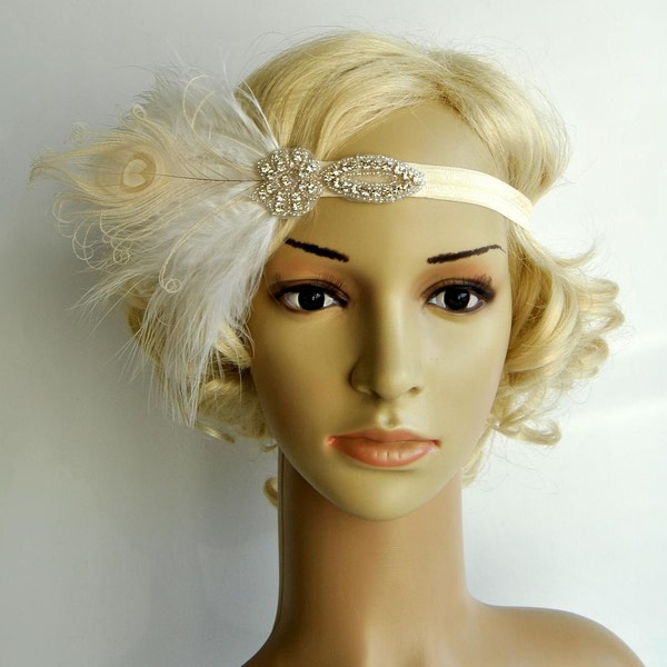 Flapper Feather Headband headpiece hairpiece Great Gatsby 1920s Flapper Crystal Headband Vintage Inspired, Feather bridal headband Hair Clip