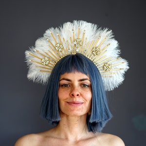 Feather Crystal Halo Crown, Gold Halo Crown, Feather Halo Headpiece Headband, Sunburst Halo Headlights, Gold Wedding Crown,  Crysal Headband