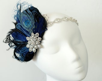 Cristal bleu marine noir ; Bandeau de clapet, bandeau de mariage en cristal de mariée en cristal des années 1920, grand casque de gatsby, pince à cheveux de paon bleu marine noir