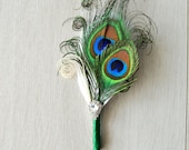 Groom Wedding Boutonniere, Ostrich Feather Bridal Green boutonnire, Gatsby 1920s groomsmen boutonnire, Peacock groom boutonniere button hole